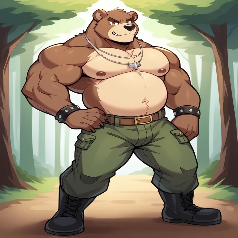 A muscular furry bear with an imposing and charismatic appearance. This anthropomorphic bear combines human and bear characteristics, highlighting his strength and powerful presence.
Physical Characteristics:
Facial features:
Friendly face but with marked and defined features.
Expressive light brown eyes, with a confident and warm look.
Prominent snout with a shiny black nose.
Ears rounded and slightly inclined forward.
body:
Robust and athletic body structure, with clearly defined muscles in arms, Chest and abdomen.
Broad shoulders and an upright posture that highlights your physical power.
Short, dense dark brown fur, with some lighter areas around the chest and belly.
Visible but non-intimidating claws on hands and feet.
Clothes and accessories:
He is wearing a sleeveless shirt that exposes his muscular arms., dark gray.
Military green cargo pants, tight but comfortable.
Durable black boots.
A belt with a large silver buckle.
He wears a leather bracelet on his left wrist..
context:
The background shows a natural environment, possibly a forest, with tall trees and a clear sky.
Sunlight passes through the leaves, creating a play of lights and shadows on the character.
The bear is standing, with one hand on the hip and the other raised in greeting or welcome.
Possible Expression and Attitude:
The bear has a friendly and confident expression, with a light smile that shows his approachable nature despite his imposing appearance.
Body posture reflects confidence and openness, suggesting that he is protective and friendly.
