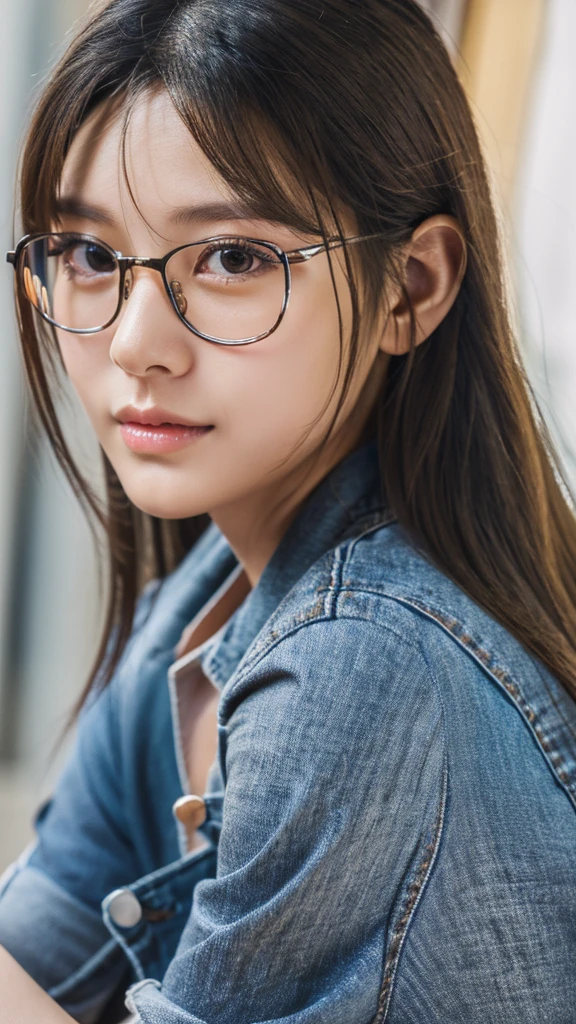 a cute tan Chinese girl wearing glasses, jeans, beautiful detailed eyes, beautiful detailed lips, extremely detailed face, long eyelashes, photorealistic, 8k, ultra-detailed, physically-based rendering, vivid colors, professional photography