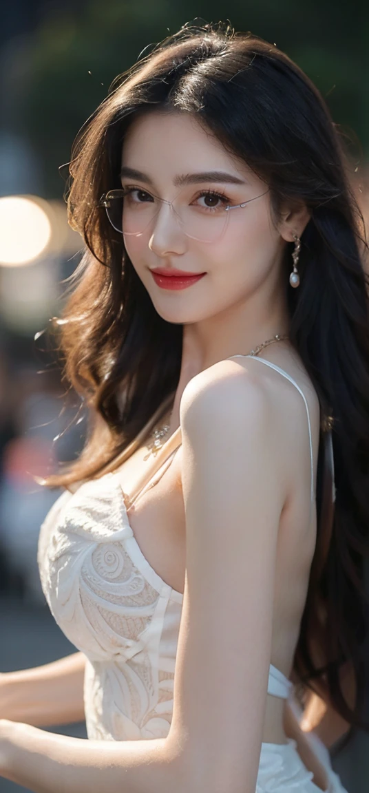 (Canon RF85mm f/1.2), (8K, original photo, best quality), (masterpiece), (Practical, photograph Practical), (Extremely detailed, High Detail, Best image quality, Very detailed, high resolution, Very detailed, Extremely detailed的描述, very good, Extremely exquisite and beautiful work), Beautiful and delicate girl, Solo Girl, ((Perfect body)), Very detailed eyes and face, White skin, Noble and beautiful, ((Delicate skin texture, Pores)), Perfect anatomical structure, Beautiful body, Delicate face, Slim abdominal muscles, Slim waist), Big Ass, (Large Breasts, Breast enlargement), (Clive Arch), (Soulful gaze, soulful eyes, Glowing eyes), (Beautiful clear eyes), (Bounce Curly Messy Long Hair), (Smile:1.2), (Fascinated expression), (Beautiful appearance), ((Low-cut，Wedding dress，No Sling，Show your shoulders，H cup chest)), ((Tight Fit)), ((bud)), ((wear glasses)), earrings, necklace, ((night)), ((Street View, moonlight)), Physically Based Rendering, Realistic lighting, (((Upper Body))), ((Looking at the audience)), ((Everlasting)), ((Happy and shy))
