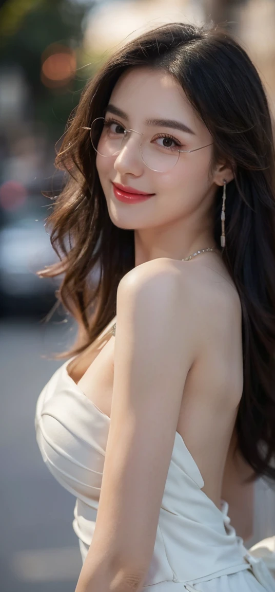 (Canon RF85mm f/1.2), (8K, original photo, best quality), (masterpiece), (Practical, photograph Practical), (Extremely detailed, High Detail, Best image quality, Very detailed, high resolution, Very detailed, Extremely detailed的描述, very good, Extremely exquisite and beautiful work), Beautiful and delicate girl, Solo Girl, ((Perfect body)), Very detailed eyes and face, White skin, Noble and beautiful, ((Delicate skin texture, Pores)), Perfect anatomical structure, Beautiful body, Delicate face, Slim abdominal muscles, Slim waist), Big Ass, (Large Breasts, Breast enlargement), (Clive Arch), (Soulful gaze, soulful eyes, Glowing eyes), (Beautiful clear eyes), (Bounce Curly Messy Long Hair), (Smile:1.2), (Fascinated expression), (Beautiful appearance), ((Low-cut，Wedding dress，No Sling，Show your shoulders，H cup chest)), ((Tight Fit)), ((bud)), ((wear glasses)), earrings, necklace, ((night)), ((Street View, moonlight)), Physically Based Rendering, Realistic lighting, (((Upper Body))), ((Looking at the audience)), ((Everlasting)), ((Happy and shy))