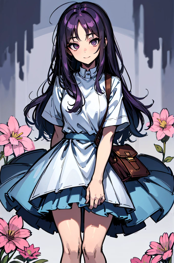 (absurdres, 8k, 4k, masterpiece, hyper extreme detailed:1.2), solo, 1girl, front view, perfect face, 1girl, portrait, looking at viewer, solo, standing, Female, Mature Female, expressive eyes, perfect face, dark purple hair, 1girl, messy hair, perfect anatomy, adult, standing, straight hair, pale, full body, medium hair, perfect anatomy, friendly, happy, good, good natured, kind, kindhearted, understanding, honesty, integrity, empathy, empathic, smile, nice, happy, expressive, cute, caring, Compassionate, Humility, Integrity, Forgiveness, forgiving, sparkling eyes, expressive eyes, hair covering forehead, swept bangs, medium bust, t-shirt, cute outfit, blue skirt, wholesome, Patience, love, loving, Generous, savior, saint, saintly, devoted, selfless, Positive, Encouraging, polite, courage, courageous, Considerate, unselfish, Diligent, warm, welcoming, Temperate, Cooperative, faithful, Imaginative, Fairness, fair, perfect, normal, 1girl, cutesy, pins, hairpins, bedroom background, colorful, backpack, flowers, flowers in hair, slender, slim, beautiful, wonderful, college student, warm smile, clasped hands, tilted head, hope, integrity, inspiring, benevolent, huggable, cute outfit, cute bag,