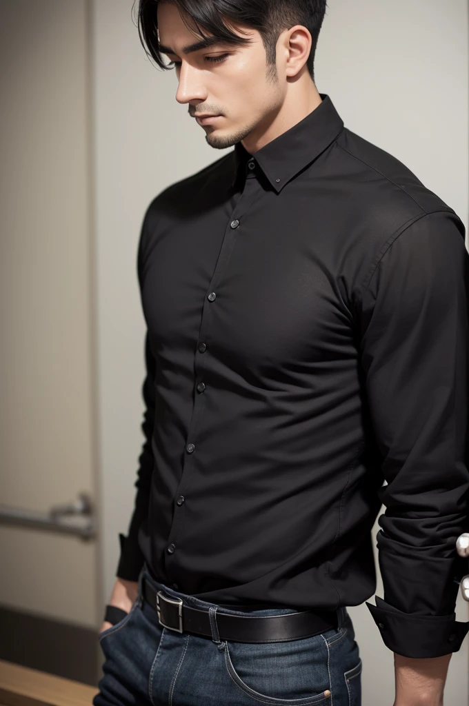 Hombre, como jefe de mafia, alto y en forma, con el cabello corto color negro, delineado negro en la parte inferior de los ojos y ojos verdes, mientras modela sexy en diferentes posiciones, cuerpo completo.