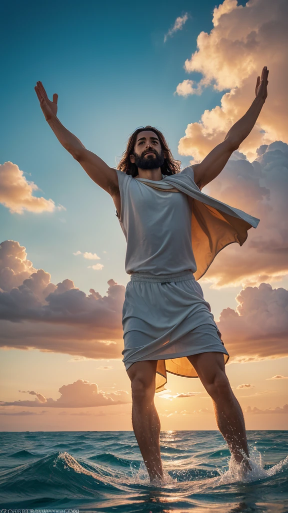 This image depicts a painting of Jesus Christ walking on water with his arms outstretched upwards worshiping heaven. The scene is peaceful, with clouds in the sky combining the colors sky blue and sunset orange and a sense of tranquility. The colors of the painting are mainly earth tones, with warm orange accents.view extreme wide shot, Nikon D850 camera with a Nikkor 70-200mm f/2.8E FL ED VR lens