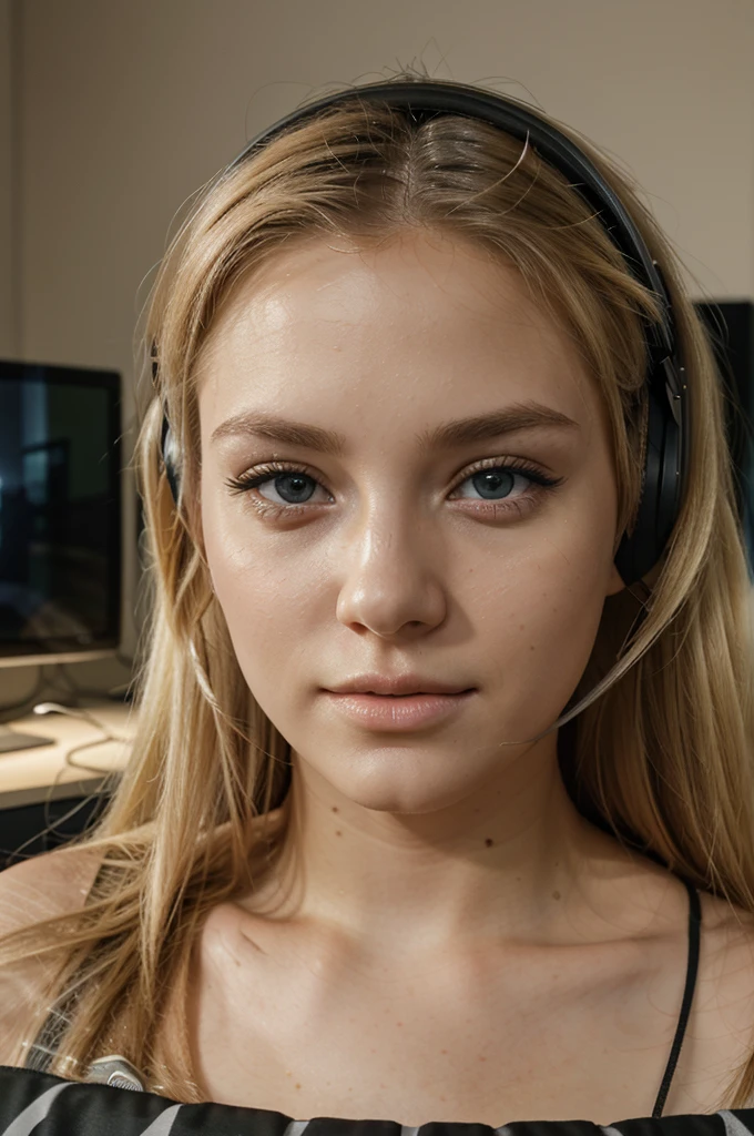 beautiful blonde woman, 24 years old, playing videogames like a streamer, wearing headphones, gamer girl room in background, 1girl, extremely detailed face and eyes, beautiful detailed lips, longeyelashes, video game setup, gaming chair, RGB lighting, posters, gaming peripherals, photorealistic, 8k, (best quality:1.2), ultra-detailed, (realistic:1.37), vivid colors, natural lighting, warm color palette
