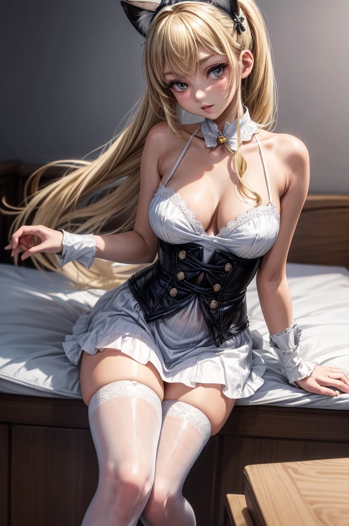 masterpiece, best quality, high-resolution, finely detailed, extremely detailed and beautiful, distinct_image, 1 girl, solo, White French Maid Uniform, beautiful young age girl, 13 yarly white skin, Blonde braided ponytail hair, adorable and cute facial features, golden-brown colored eyes, Black sheer stockings plump thick lips, tiny breasts, slender and slim toned body type, tall height(180cm), small narrow waist, wide curvy hips, plump large round ass, full body picture, cat-ears, cat tail