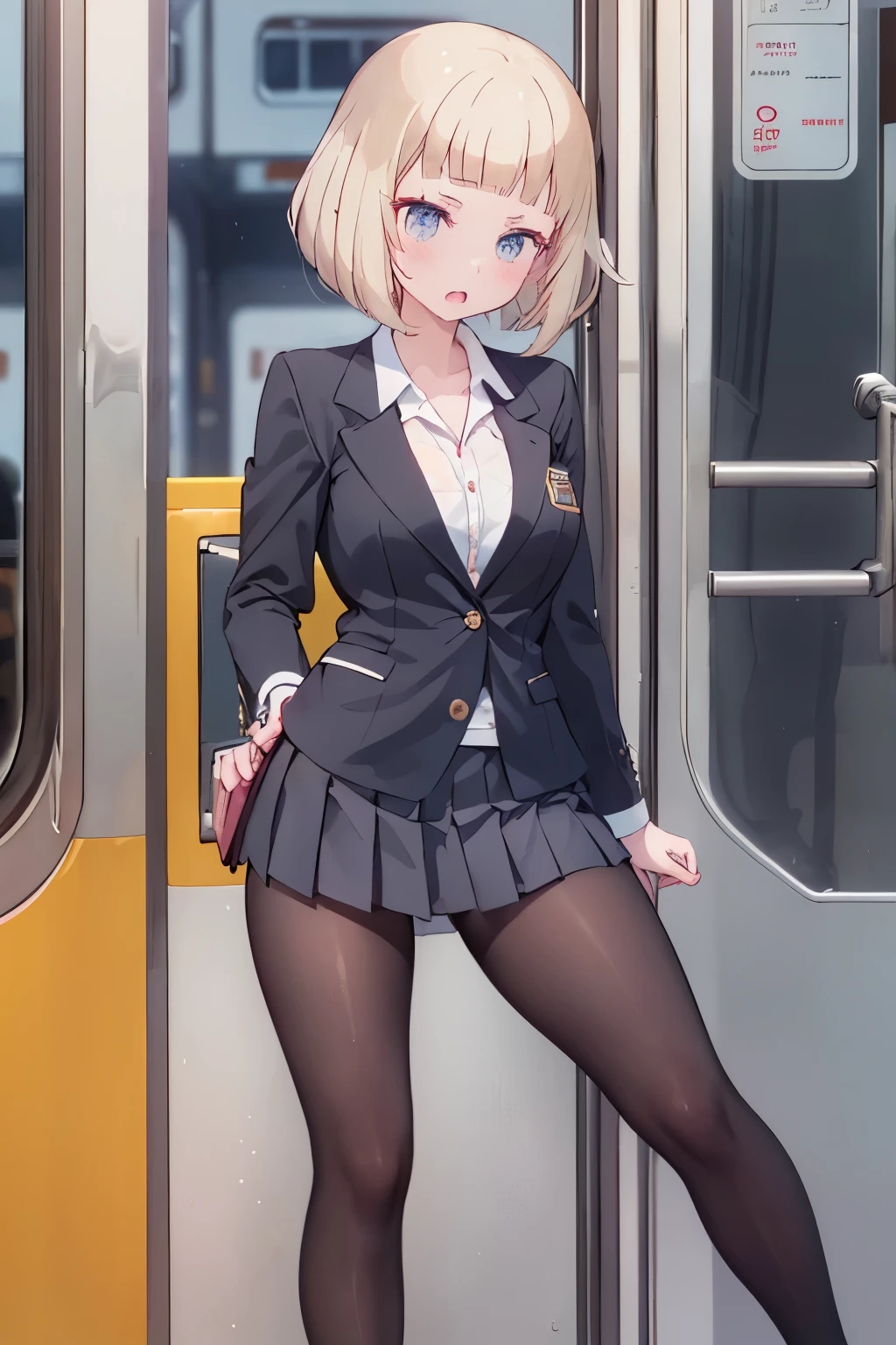 (8K、Highest quality、highest quality、masterpiece)、Detailed face、One girl、on the train、((Pressing her chest against the train window 1.4))、、short hair、、blunt bangs、Grey Eyes、、、((Blazer jacket uniform))、((Pleated skirt))、((No panties))、((bent over))、Back Alley Background、Very large breasts、Nipples are visible、、Black Pantyhose、Milk dripping from nippleilk spurting from the nipple、、Open your mouth、Troubled face、Love juice from the genitals、Full body portrait、Black Loafers、One man、Hearts in the eyes、Sex with a man、A man stands behind、A man grabs my waist from behind、Standing doggy style、Put your hand on the door