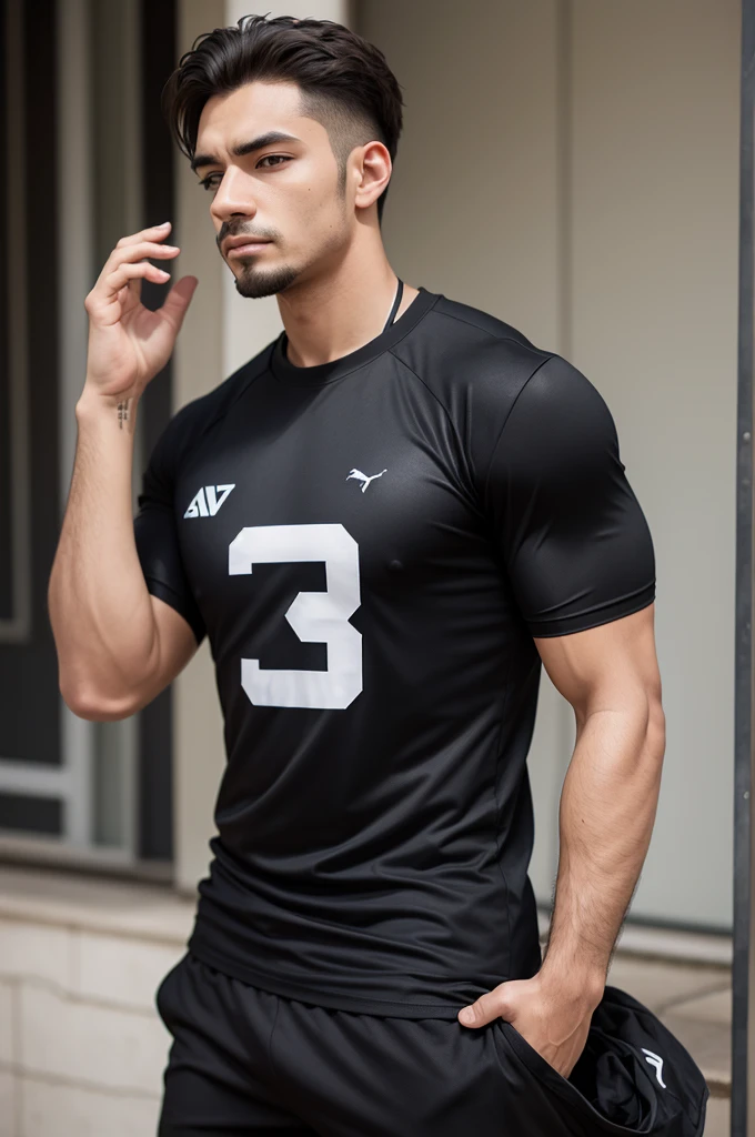 Create an ordinary black sports shirt on a man