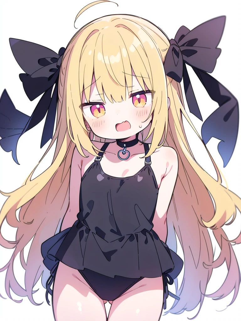 School_swimsuit, Sukumizu,black swimsuit, 1girl, blond hair, cute, kawaii, open mouth, simple background, (white background), (dynamic angle:0.6)