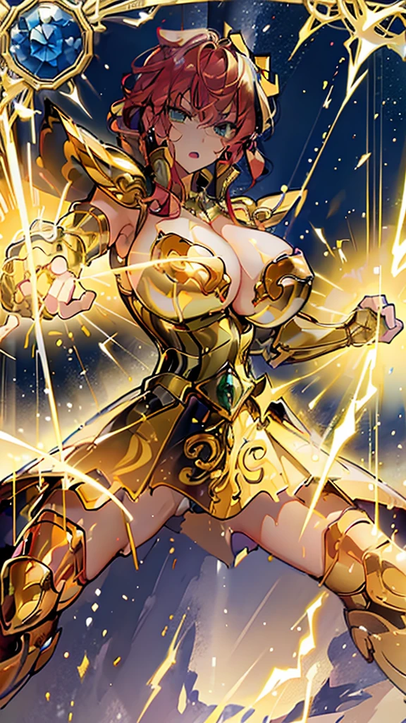 Highest image quality，Outstanding details，Ultra-high resolution，4K image, assembly, best quality, masterpiece, movie lighting ，sexly，Huge breasts，Cleavage，action，In battle，light beam from hand，Golden lightning surrounds，Green eyes，Lipstick，Gold Armor，Amot hardware has cracks，Sweat，Anger，red hair，Wave hairstyle