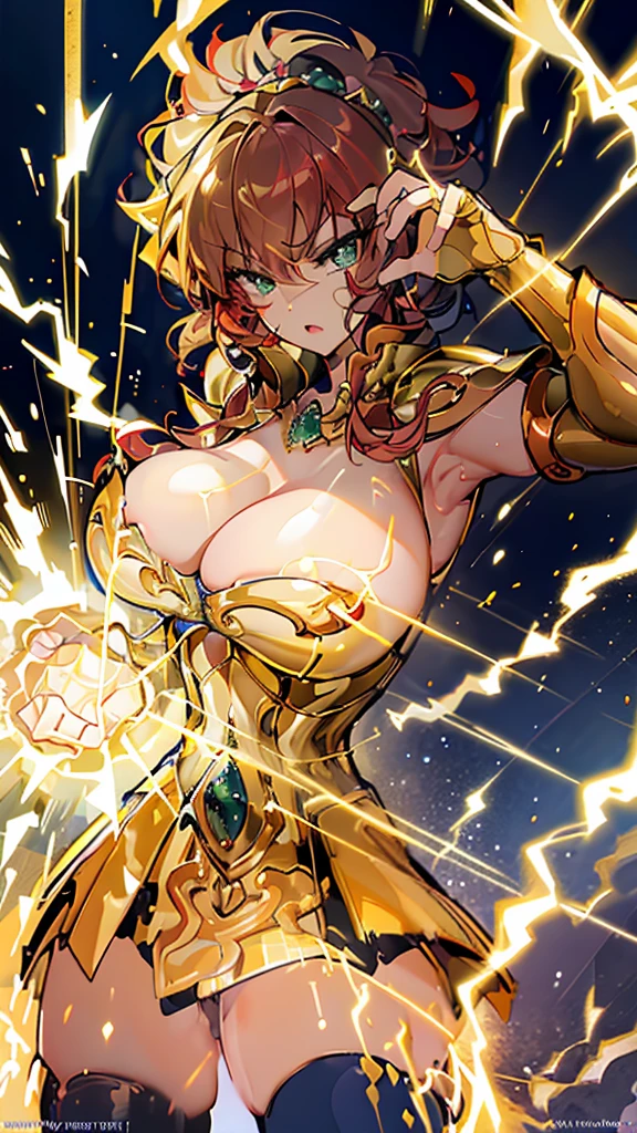 Highest image quality,Outstanding details,Ultra-high resolution,4K image, assembly, best quality, masterpiece, movie lighting ,sexly,Huge breasts,Cleavage,action,In battle,light beam from hand,Golden lightning surrounds,Green eyes,Lipstick,Gold Armor,Amot hardware has cracks,Sweat,Anger,red hair,Wave hairstyle