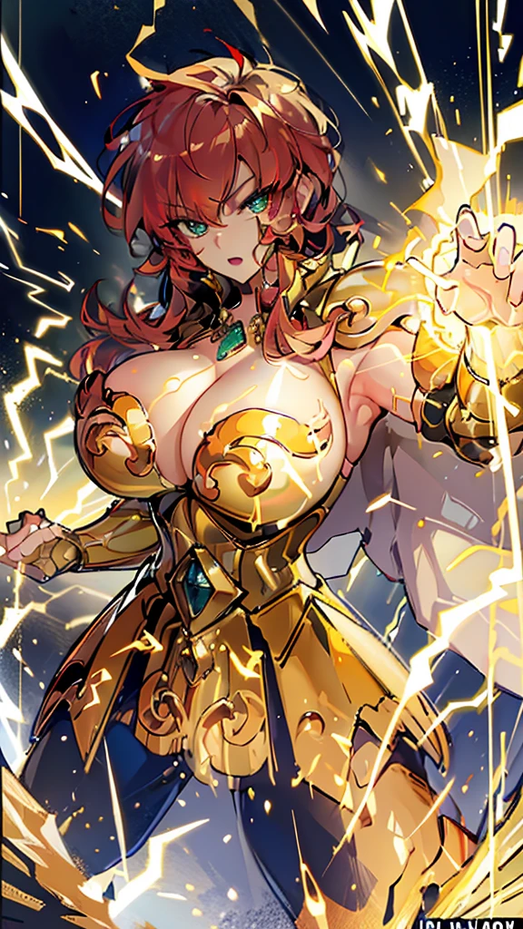 Highest image quality,Outstanding details,Ultra-high resolution,4K image, assembly, best quality, masterpiece, movie lighting ,sexly,Huge breasts,Cleavage,action,In battle,light beam from hand,Golden lightning surrounds,Green eyes,Lipstick,Gold Armor,Amot hardware has cracks,Sweat,Anger,red hair,Wave hairstyle