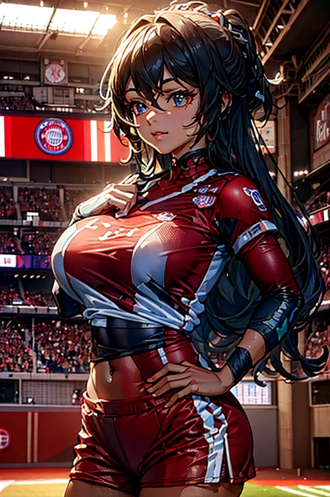 A football player wearing Bayern Munich's short sports uniform, excellent anatomy, bare arms respecting the uniform, football stadium, (best quality,4k,8k,highres,masterpiece:1.2),ultra-detailed,(realistic,photorealistic,photo-realistic:1.37),1 footballer,detailed facial features,detailed musculature,detailed uniform, dynamic pose,sports stadium,bright lighting,vivid colors