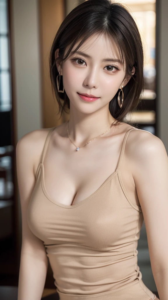 masutepiece, Best Quality, Photorealsitic, finely detail, hight resolution, 8K Wallpapers, Perfect dynamic composition, foco nítido, A hyper-realistic, Beautiful detailed eyes, Medium Hair, large full breasts, Random and sexy poses, Bring your chest together, (Beige Tight O Neck Knit Tank Top, wide open cleavage:1.4, High-cut panties), (Breast bulge:1.2, Emphasizes cleavage, Tank top with a clear view of the shape of the chest), A smile, open open mouth, Resort scenery, 25-years old, (drooing eyes:1.4), Adult beauty, japanes, Simple Chain Necklace, large earring, Shooting from front