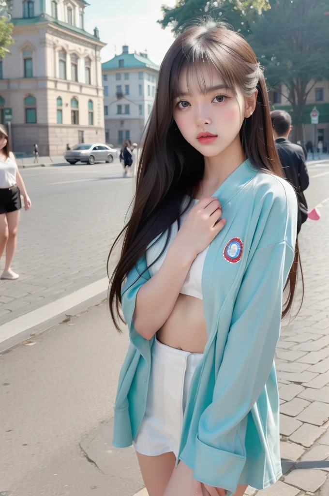 Stunning full-color portrait of a shy 20-year-old Czech woman., Busy streets, audience, Have fun, Great character elements,By Ilya Kuvchinov, Alessio Albi, Nina Masik,Sharp focus, natural light, subsurface scattering, f2, 35mm, Film texture, Full body in the picture., empty towel 