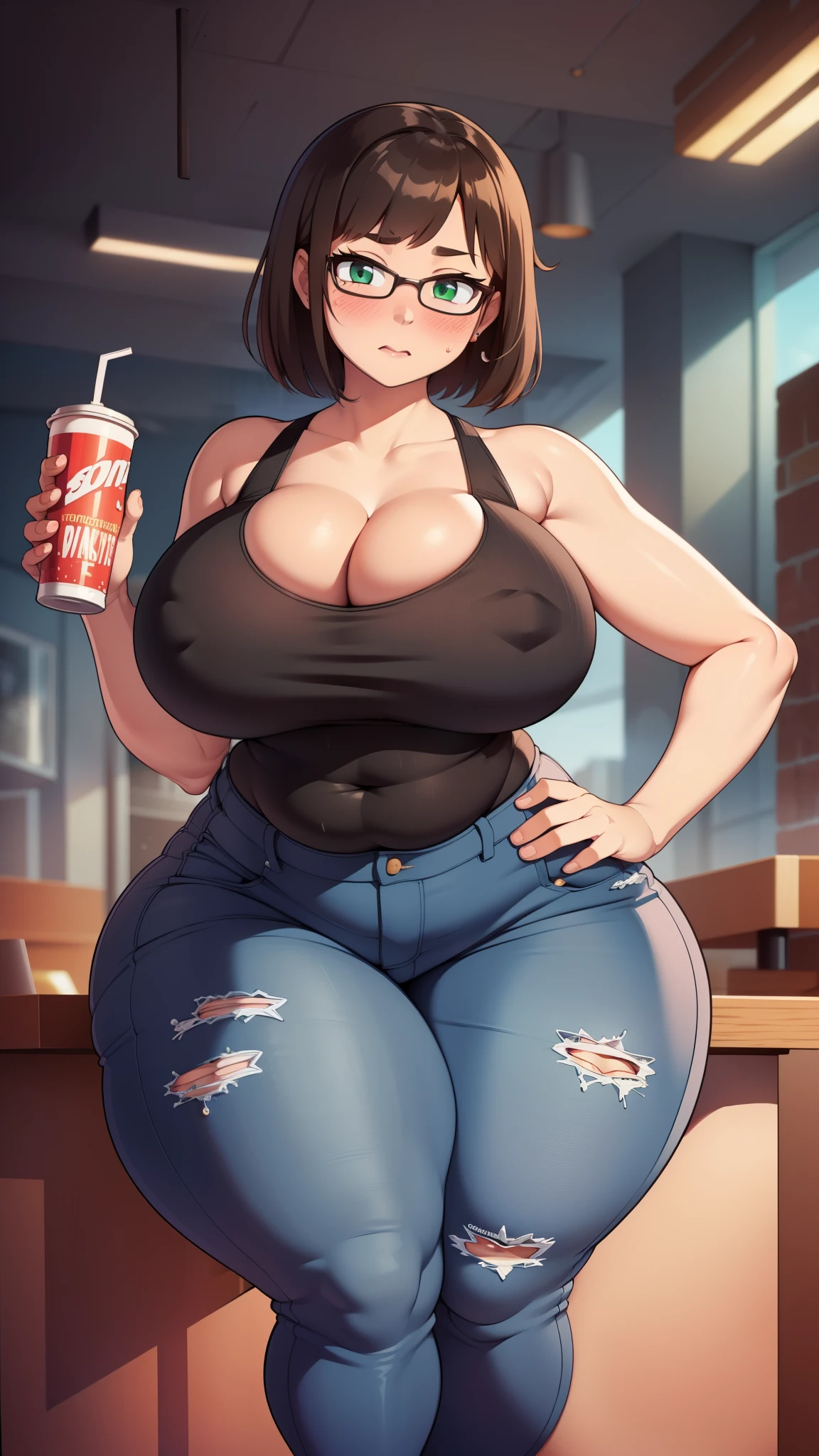 ((highres)), Masterpiece, high quality, best quality, beautiful, perfect lighting, detailed face, ultra cute face, ((1girl)), ((blush)), ((blush)), nervous, looking at viewer, skindentation, short brown hair, green eyes, jeans, tank top, thight clothes, full body, fast food restaurant, small breasts, perky breasts, cleavage, ((wide hips)), (((massive thighs))), ((plump)), chubby belly, fat folds, standing by a table, hand on hip, holding soda,