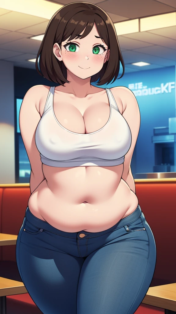 ((highres)), Masterpiece, high quality, best quality, beautiful, perfect lighting, detailed face, ultra cute face, looking at viewer, on a date, ((blush)), affectionate smile, ((1girl)), ((solo)), brown hair, fluffy hair, green eyes, jeans, crop top, tight clothes, fast food restaurant, medium breasts, cleavage, wide hips, ((thick thighs)), ((chubby)), chubby belly, standing, arms behind back, leaned over, cute pose,