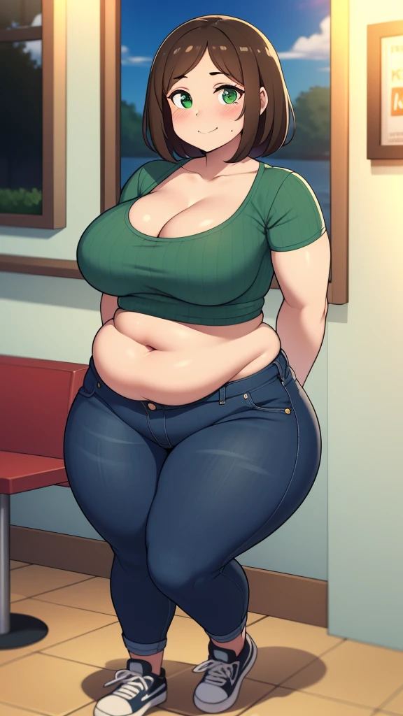 ((highres)), Masterpiece, high quality, best quality, beautiful, perfect lighting, detailed face, ultra cute face, looking at viewer, on a date, ((blush)), affectionate smile, ((1girl)), ((solo)), brown hair, fluffy hair, green eyes, jeans, crop top, tight clothes, fast food restaurant, medium breasts, cleavage, wide hips, ((thick thighs)), ((chubby)), chubby belly, standing, arms behind back, leaned over, cute pose,