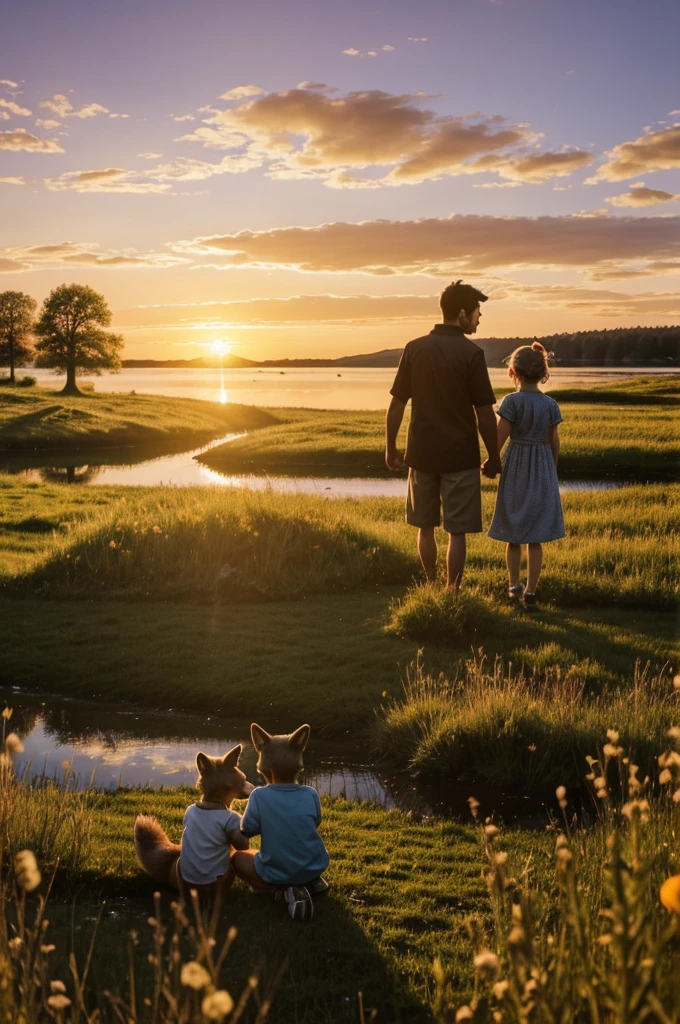 An anthropomorphic little wolf boy and an anthropomorphic little fox girl sit hand in hand in a meadow by a lake and watch the sunset 