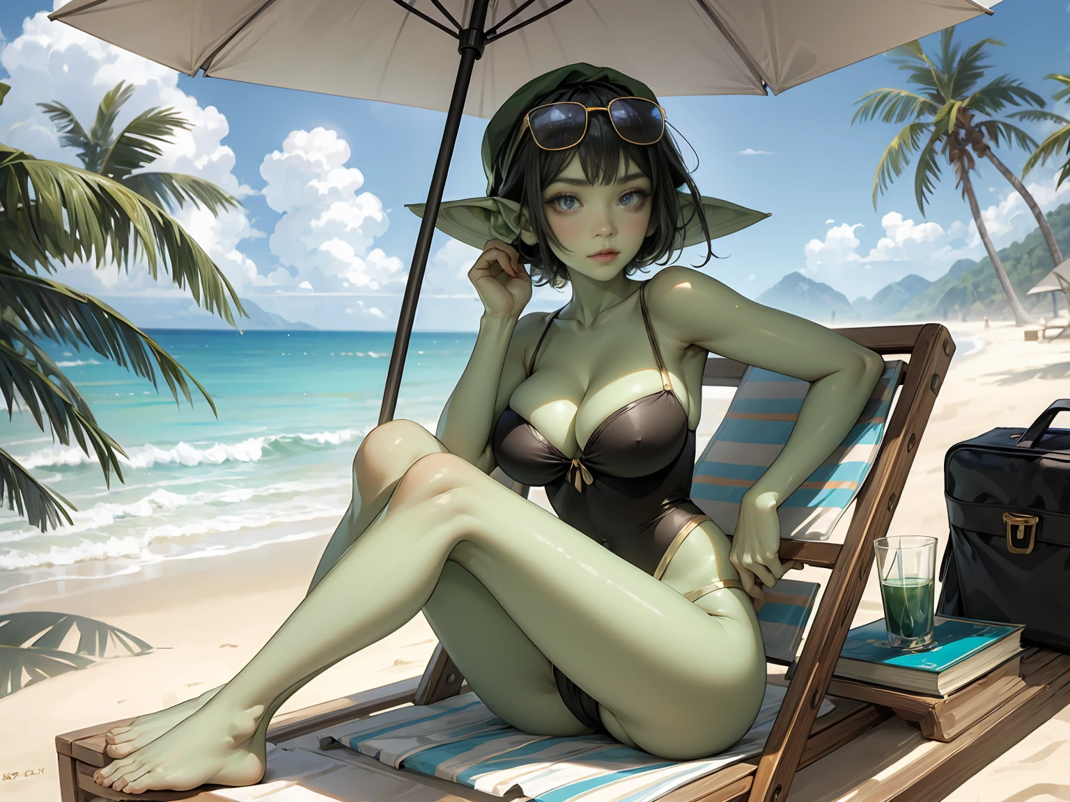 ((best quality)), ((masterpiece)), (detailed), perfect face, ((green skin)), pointy ears, very shy, tiny breasts, wearing sunglasses, short dark hair, on the beach, sitting in a beach chair under a large umbrella, wearing large beach hat, in the shade of an umbrella, wearing a modest 1-piece, swimsuit, full body, reading a book, sunglasses, sitting in beach chair, wearing hat