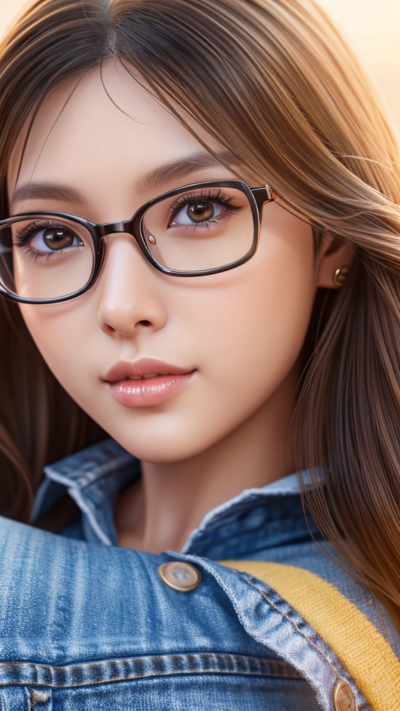 a cute tan Chinese girl wearing glasses, jeans, beautiful detailed eyes, beautiful detailed lips, extremely detailed face, long eyelashes, photorealistic, 8k, ultra-detailed, physically-based rendering, vivid colors, professional photography