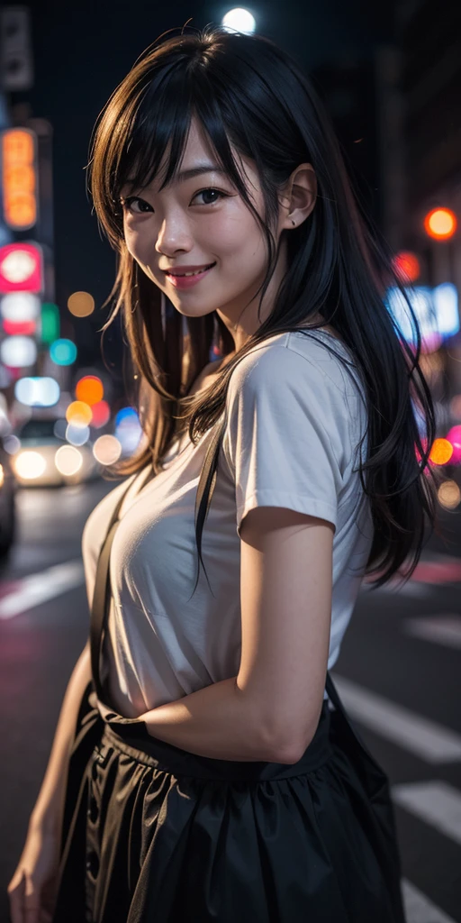 1girl, Tokyo street,night, cityscape,city lights,upper body,close-up,smile,, (8k, RAW photo, best quality, masterpiece:1.2),(realistic, photo-realistic:1.37),
