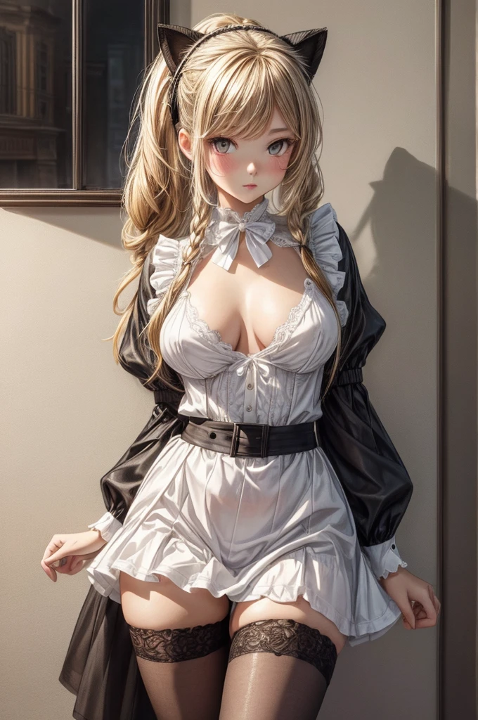 masterpiece, best quality, high-resolution, finely detailed, extremely detailed and beautiful, distinct_image, 1 girl, solo, White French Maid Uniform, beautiful young teenage girl, 13 years old, pearly white skin, Blonde braided ponytail hair, adorable and cute facial features, golden-brown colored eyes, Black sheer stockings plump thick lips, tiny breasts, slender and slim toned body type, tall height(180cm), small narrow waist, wide curvy hips, plump large round ass, full body picture, cat-ears, cat tail