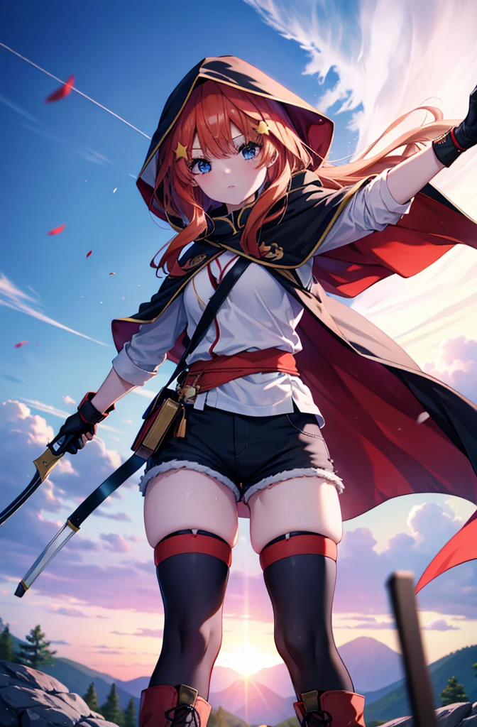 itsukinakano, itsuki nakano, bangs, blue eyes, Hair between the eyes, Redhead, star \(symbol\), hair ornaments, star hair ornaments,Wearing a hood,long hair,Carrying an archery bag,He has a quiver on one side, boots, Cape,gloves, red Knee socks, High heels, Shorts, Knee socks,whole bodyがイラストの中に入っていくように,歩いている
break outdoors, forest,forest林, break looking at viewer,whole body,
break (masterpiece:1.2), Highest quality, High resolution, unity 8k wallpaper, (shape:0.8), (Fine and beautiful eyes:1.6), Highly detailed face, Perfect lighting, Highly detailed CG, (Perfect hands, Perfect Anatomy),