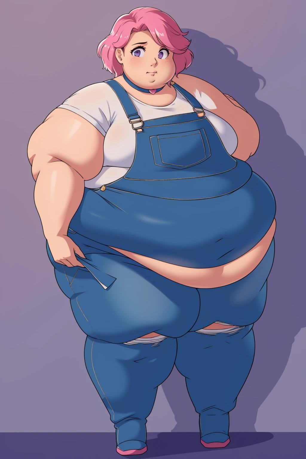 (Morbidly obese body:1.2)(Fat neck and chin:1.3)(Obese:1.1),fat, Slightly chubby, sad, farm backround, Full body, looking at viewer, 1girl, solo, short pink hair, (dark blue choker), (dark blue denim overalls), (purple eyes), (pink boots), (white shoulder lantern sleeve blouse, tucked in pants