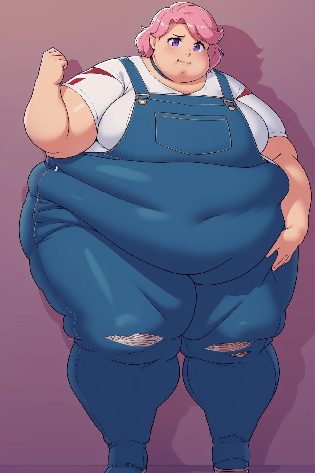 (Morbidly obese body:1.2)(Fat neck and chin:1.3)(Obese:1.1),fat, Slightly chubby, sad, farm backround, Full body, looking at viewer, 1girl, solo, short pink hair, (dark blue choker), (dark blue denim overalls), (purple eyes), (pink boots), (white shoulder lantern sleeve blouse, tucked in pants