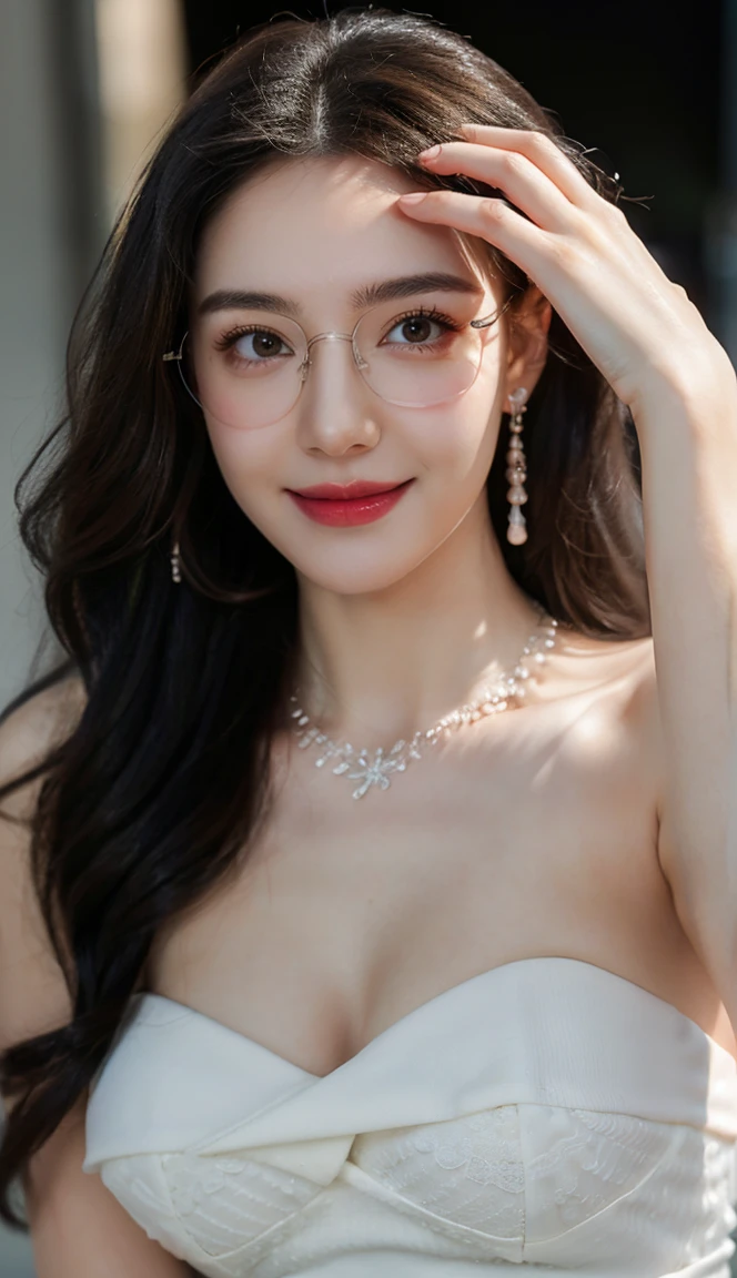 (Canon RF85mm f/1.2), (8K, RAW photos, best quality), (masterpiece), (actual, photograph actual), (Very detailed, High Detail, Best image quality, Super detailed, high resolution, Very detailed, Very detailed的描述, Ultra-fine, Extremely exquisite and beautiful work), Beautiful and delicate girl, Solo Girl, ((Perfect body)), Very detailed eyes and face, White skin, Noble beauty, ((The skin texture is delicate, Pores)), Perfect anatomical structure, Beautiful body, Delicate face, Slim abs, Slim waist), Big Ass, (Large Breasts, Breast enlargement), (Cleavage), (affectionate gaze, soulful eyes, Glowing eyes), (beautiful and clear eyes), (Bounce Curly Messy Long Hair), (Smile:1.2), (fascinated expression), (Attractive appearance), ((Cardigan,Strapless wedding dress)), ((Tight)), ((bud)), ((wear glasses)), earrings, necklace, ((night)), ((Street View, moonlight)), Physically Based Rendering, Realistic lighting, (((Upper Body))), ((looking at the audience)), ((Everlasting)), ((Happy and shy))