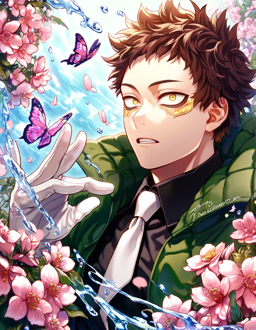 absurdres, highres, ultra detailed, HDR, master piece, best quality, extremely detailed face, delicated features, Overhaul, auburn dark brown hair, short hair, short bangs, expressive yellow eyes, Boku No Hero Academia, solo, sexy man, handsome, green jacket with fur, black shirt, white necktie, white gloves, water, blossoms, pink flowers, pink butterflies, fantasy, magic, radiant
