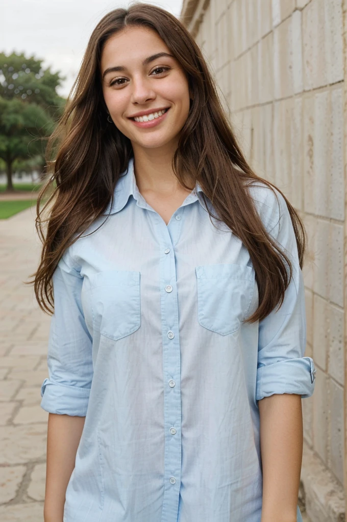 a photo-realistic portrait of a beautiful Palestinian woman with long brown hair, blue shirt, white teeth, and a cute smile, with highly detailed and realistic facial features, modest expression, and realistic white skin tone, red shirt