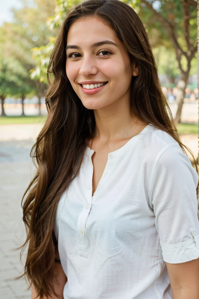 a photo-realistic portrait of a beautiful Palestinian woman with long brown hair, blue shirt, white teeth, and a cute smile, with highly detailed and realistic facial features, modest expression, and realistic white skin tone, red shirt