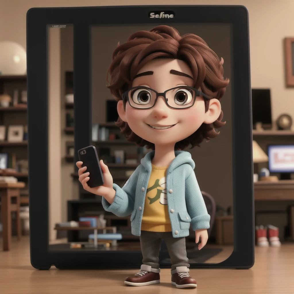 Character holding a cell phone with the screen facing