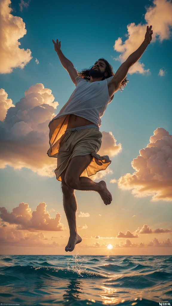This image depicts a painting of Jesus Christ walking on water with his arms outstretched upwards worshiping heaven. The scene is peaceful, with clouds in the sky combining the colors sky blue and sunset orange and a sense of tranquility. The colors of the painting are mainly earth tones, with warm orange accents.view extreme wide shot, Nikon D850 camera with a Nikkor f/2.8E FL ED VR lens