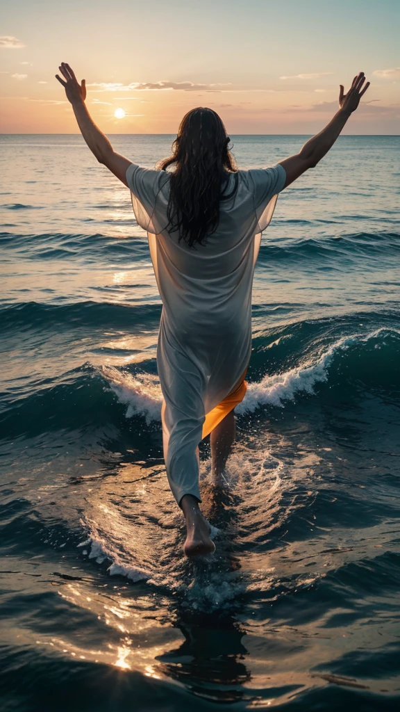 This image depicts a painting of Jesus Christ walking on water with his arms outstretched upwards worshiping heaven. The scene is peaceful, with clouds in the sky combining the colors sky blue and sunset orange and a sense of tranquility. The colors of the painting are mainly earth tones, with warm orange accents.view extreme wide shot, Nikon D850 camera with a Nikkor f/2.8E FL ED VR lens