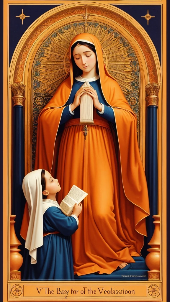 Booklet Cover: with the photo of the Blessed Virgin Mary just like the photo in the book: treatise on true devotion to the Blessed Virgin. The cover color can be any type of orange