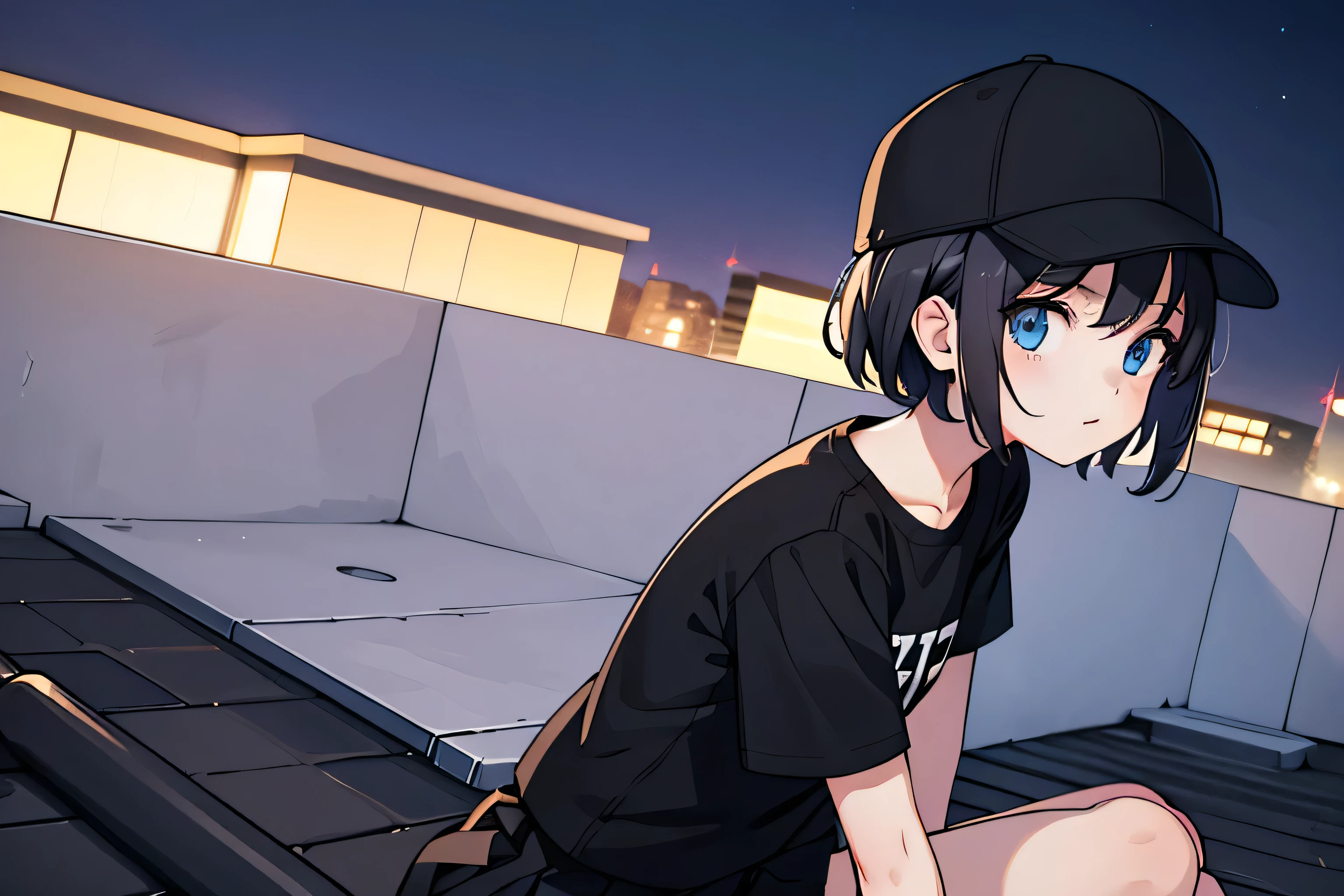 1girl, solo, blue eyes, (detailed eyes), flat chest, short hair, black hair, baseball cap, white cap, ((black t-shirt)), black skirt, black socks, standing, upper body, ((masterpiece, illustration, best quality)), sitting on the rooftop and viewing the purple and blue night sky