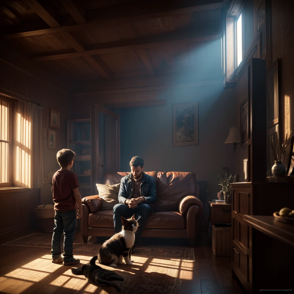 family of three people: a father, a mother and a little boy. they are petting their two cats in their house, deep color, realistic, wide screen, intricate detail, splash screen, complementary colors, realistic concept art, Unreal Engine 5 volumetric lighting", dynamic lighting hyperdetailed The scene should be realistic, with intricate details and dynamic, volumetric lighting. Deep colors and hyper-detailed textures should be used to enhance the overall composition. The image should be in a wide-screen format and utilize complementary colors to make it striking and emotive. The lighting should emphasize the somber or significant atmosphere of the scene."