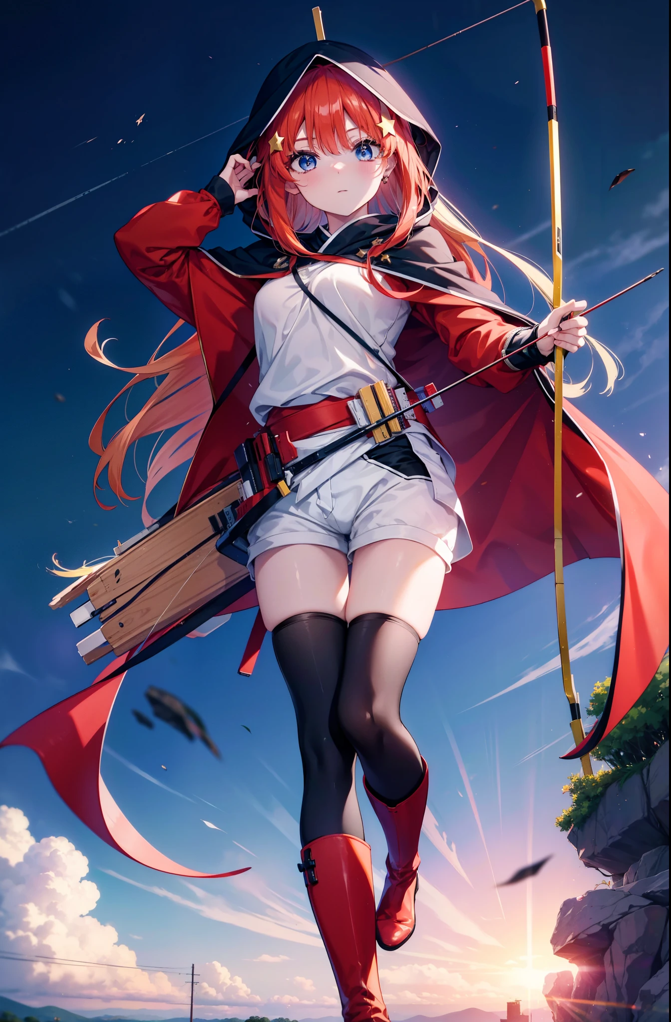 itsukinakano, itsuki nakano, bangs, blue eyes, Hair between the eyes, Redhead, star \(symbol\), hair ornaments, star hair ornaments,Wearing a hood,long hair,Carrying an archery bag,He has a quiver on one side, boots, Cape,gloves, red Knee socks, High heels, Shorts, Knee socks,whole bodyがイラストの中に入っていくように,歩いている
break outdoors, forest,forest林, break looking at viewer,whole body, 
break (masterpiece:1.2), Highest quality, High resolution, unity 8k wallpaper, (shape:0.8), (Fine and beautiful eyes:1.6), Highly detailed face, Perfect lighting, Highly detailed CG, (Perfect hands, Perfect Anatomy),