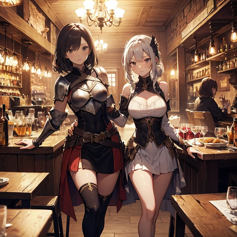 A group of  female medieval fantasy adventurers, (in tavern), various hair styles, harem, night, details face, short skirt, seducing, sleeveless, armor 