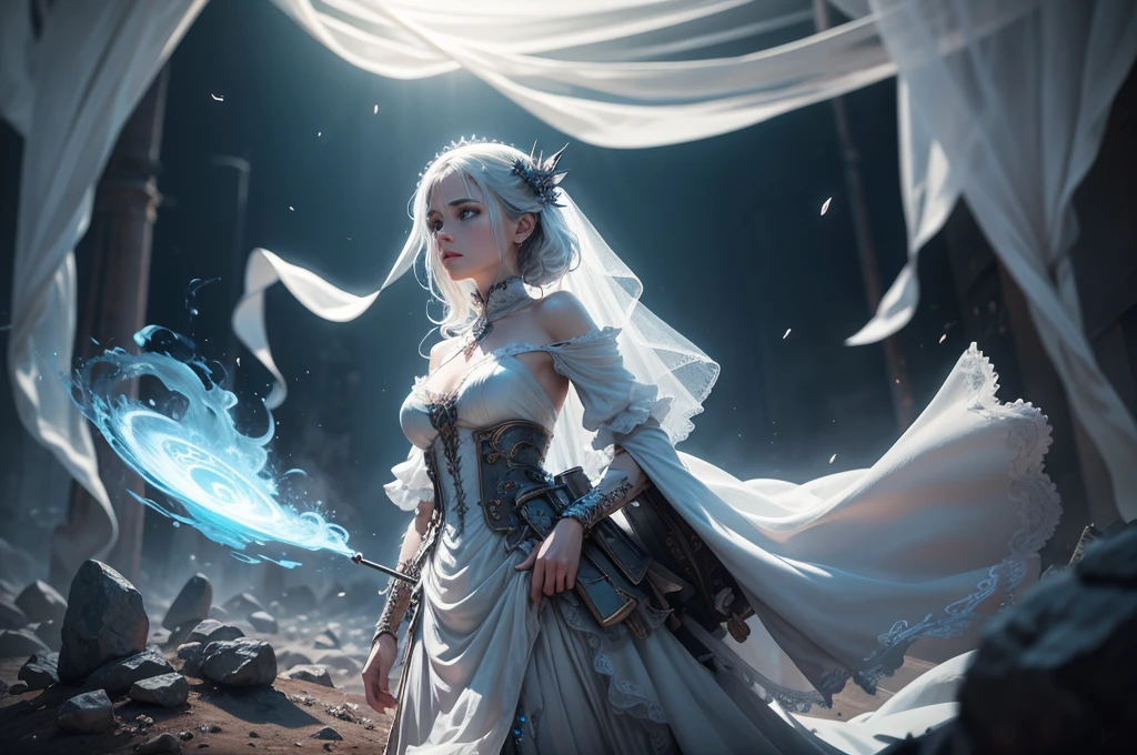 (best qualityer:1.04),Ghostly apparition,ethereal beauty,bride,translucent,tipis,smoky,nebulous,standing alone,intricate,chic,highy detailed,sharp focus,detailed otherworldly scenery,motion-blur,, glow effects, GOD, hand drawn, render, 8K, octane rendering, 4d cinema, Blender, tenebrosa, atmospheric 4K ultra detailed, cinematic, sharp focus, big depth of field, work of art, colors, 3d octane rendering, 4K, conceptual artwork, trends on artstation, hyper realist, Vivid colors, extremely detailed CG unity 8K wallpaper, trends at CGsociety, intricate, high détail, dramatic