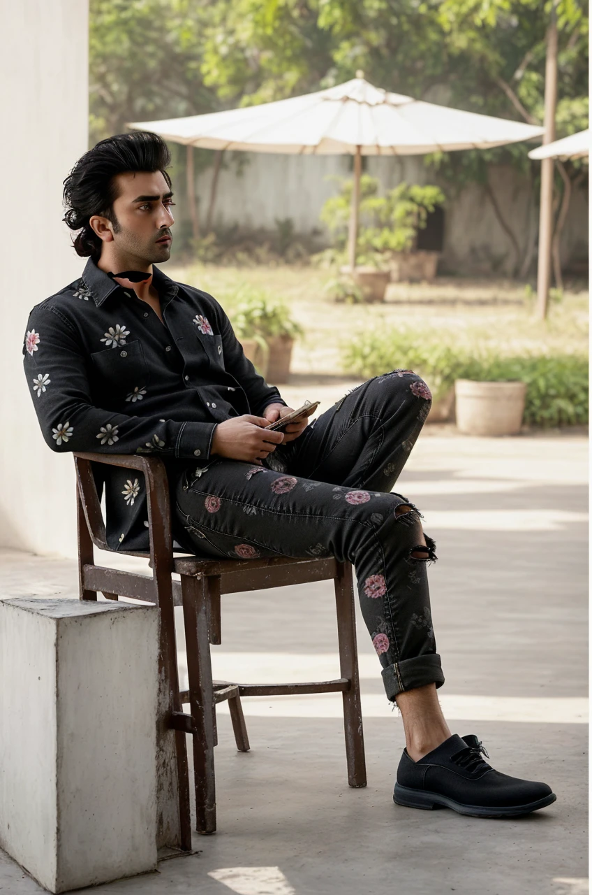 Mesmerizing photograph captures a young model handsome man with a hairstyle inspired by Ranbir Kapoor from the movie "Animal.", wearing (FLORAL PRINT SHIRT WITH OVERALL DESIGN
GUILD STATEMENT - DIMP - BLACK
) anD (faded old black torn jeans pant)