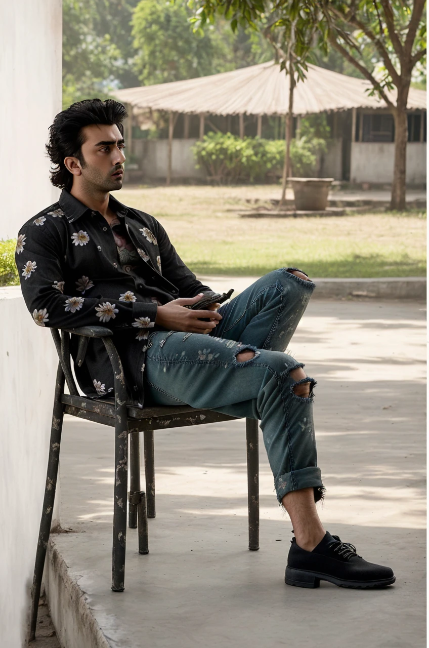 Mesmerizing photograph captures a young model handsome man with a hairstyle inspired by Ranbir Kapoor from the movie "Animal.", wearing (FLORAL PRINT SHIRT WITH OVERALL DESIGN
GUILD STATEMENT - DIMP - BLACK
) anD (faded old black torn jeans pant)
