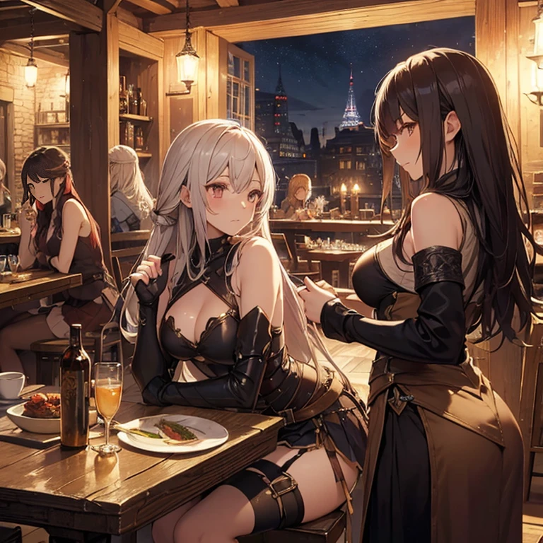 A group of  female medieval fantasy adventurers, (in tavern), various hair styles, harem, night, details face, short skirt, seducing, sleeveless, armor 