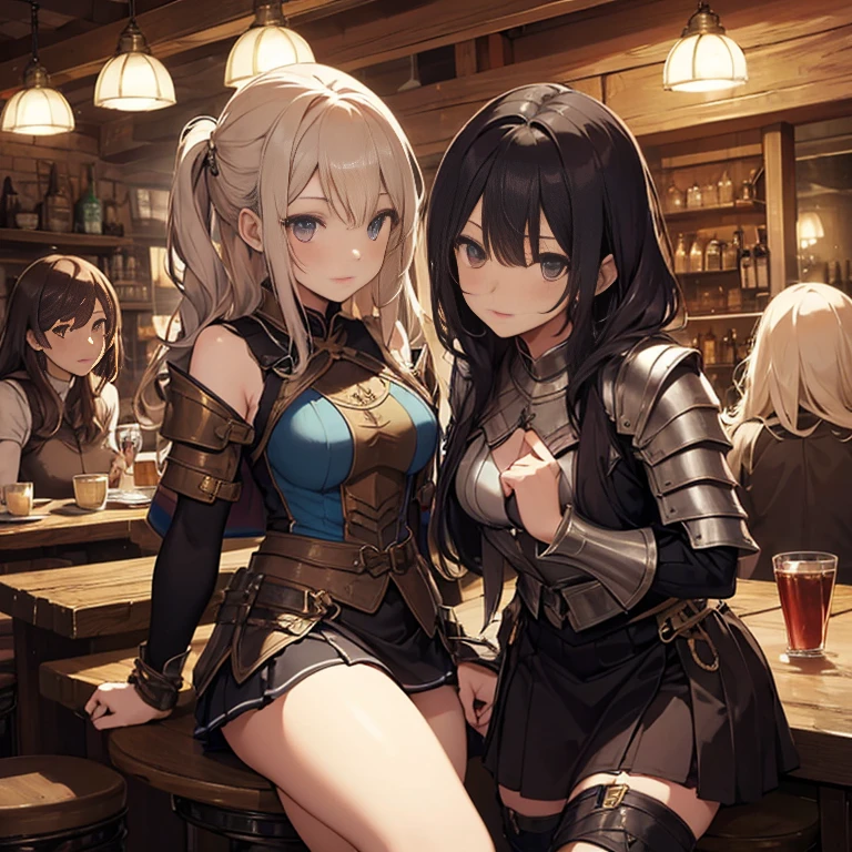 A group of  female medieval fantasy adventurers, (in tavern), various hair styles, harem, night, details face, short skirt, seducing, sleeveless, armor 