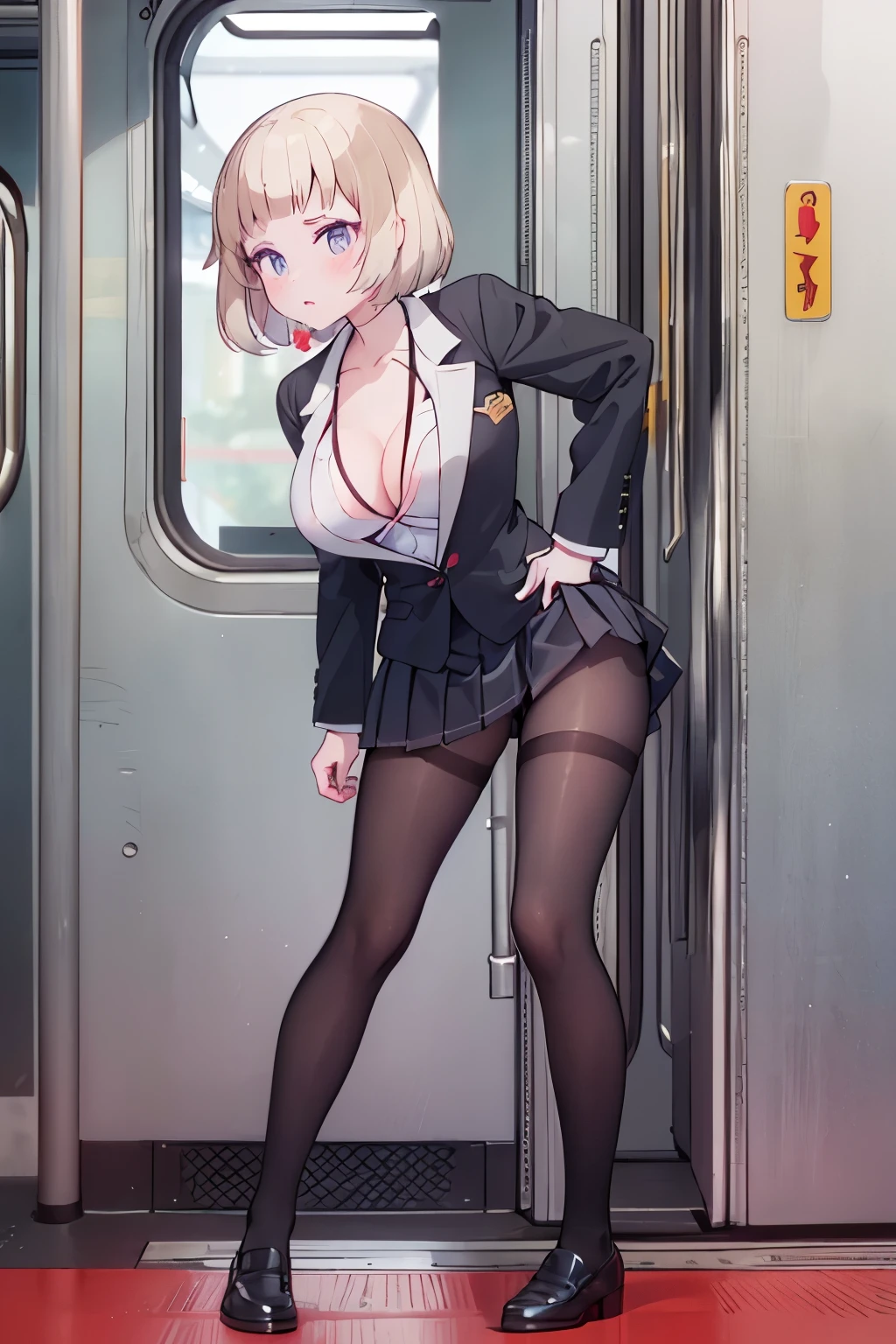 (8K、Highest quality、highest quality、masterpiece)、Detailed face、One girl、on the train、((Pressing her chest against the train window 1.4))、、short hair、、blunt bangs、Grey Eyes、、、((Blazer jacket uniform))、((Pleated skirt))、((No panties))、((bent over))、Back Alley Background、Very large breasts、Nipples are visible、、Black Pantyhose、Milk dripping from nippleilk spurting from the nipple、、Open your mouth、Troubled face、Love juice from the genitals、Full body portrait、Black Loafers、One man、Hearts in the eyes、Sex with a man、A man stands behind、A man grabs my waist from behind、Standing doggy style、Put your hand on the door