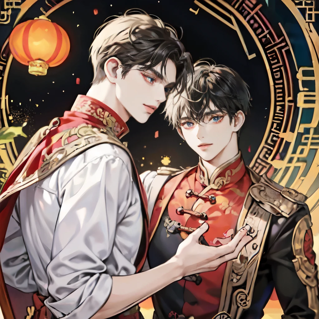 colorful, Masterpiece, High quality, sharpen, Auto focus, look elsewhere, ((2 men)),( gay man,yaoi male), Handsome brothers, hollow eyes, Ruby-shaped pupils, glowing eyes, evil smile, Men's Face,male hair,chinese lantern background, Hair over the eyes, hair between the eyes, upper body, cinema, Particle Light, best shadow, Ray tracing, very detailed,Chinese shirt,Chinese pattern shirt,red chinese dress,Passionate couple
