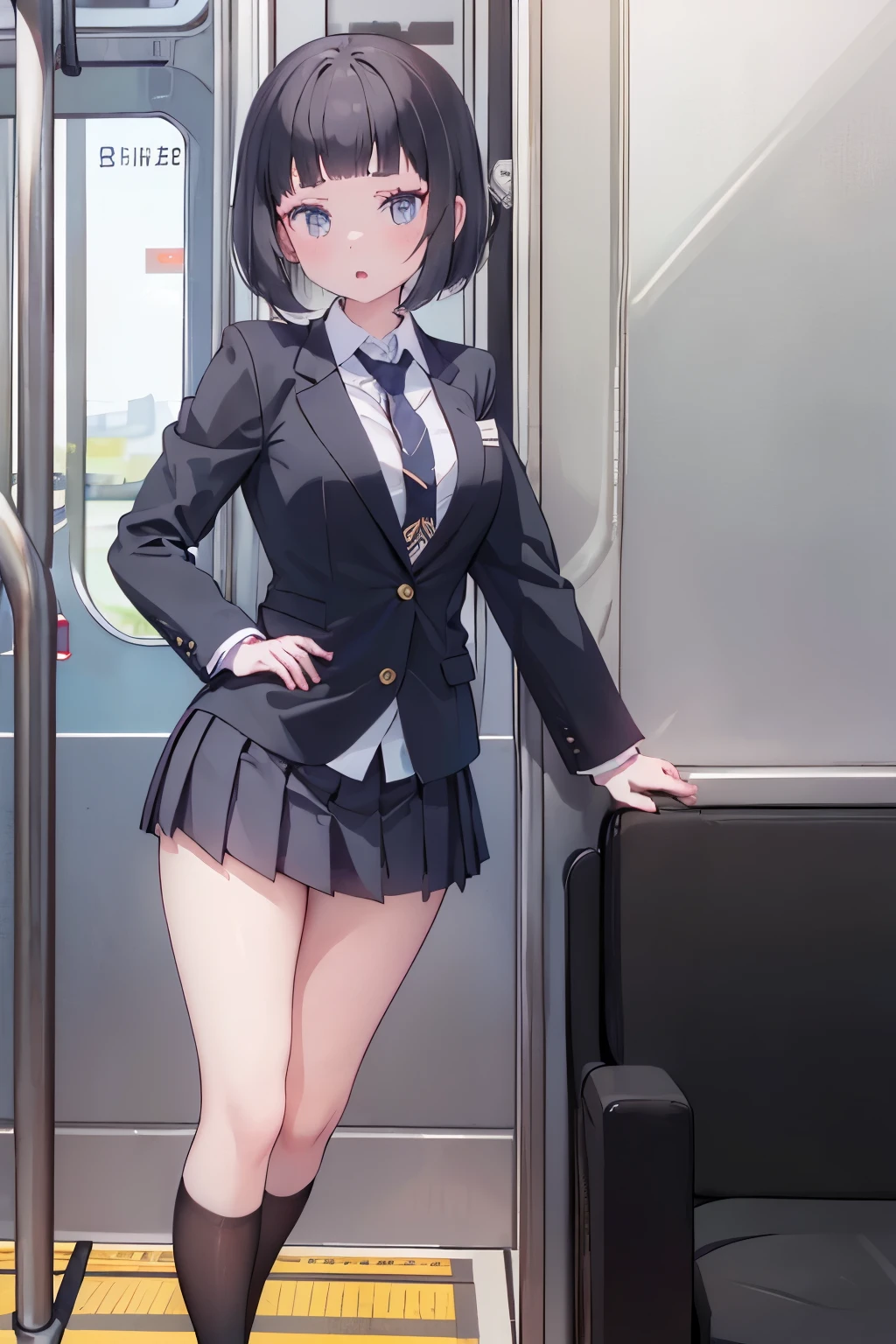 (8K、Highest quality、highest quality、masterpiece)、Detailed face、One girl、on the train、((Pressing her chest against the train window 1.4))、、short hair、、blunt bangs、Grey Eyes、、、((Blazer jacket uniform))、((Pleated skirt))、((No panties))、((bent over))、Back Alley Background、Very large breasts、Nipples are visible、、Black Pantyhose、Milk dripping from nippleilk spurting from the nipple、、Open your mouth、Troubled face、Love juice from the genitals、Full body portrait、Black Loafers、One man、Hearts in the eyes、Sex with a man、A man stands behind、A man grabs my waist from behind、Standing doggy style、Put your hand on the door