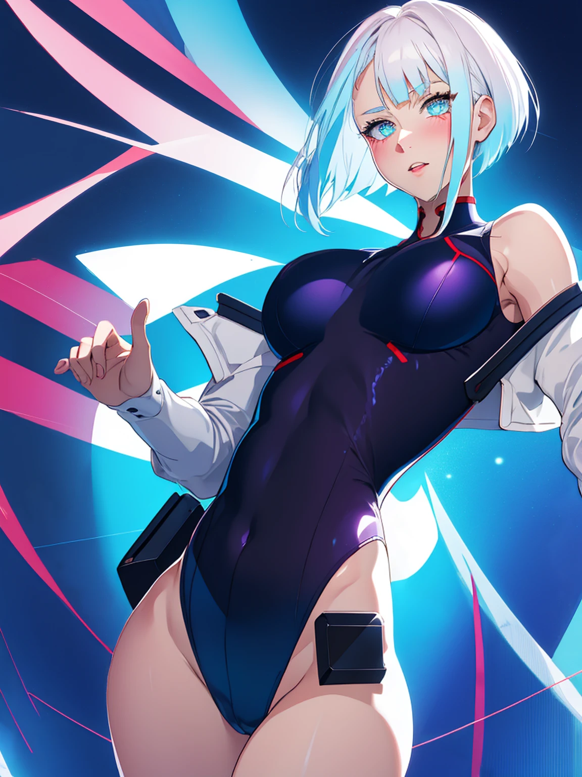 cyberpunk edgerunners, 1girl, lucy \(cyberpunk\), bare shoulders, blue eyes, breasts, leotard, looking at viewer, medium breasts, off-shoulder jacket, off shoulder, red eyeliner, short hair, sleeveless turtleneck leotard, solo, turtleneck leotard, white hair, ((masterpiece))